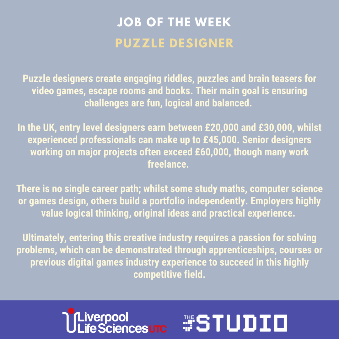 Image of job of the week which is a puzzle designer